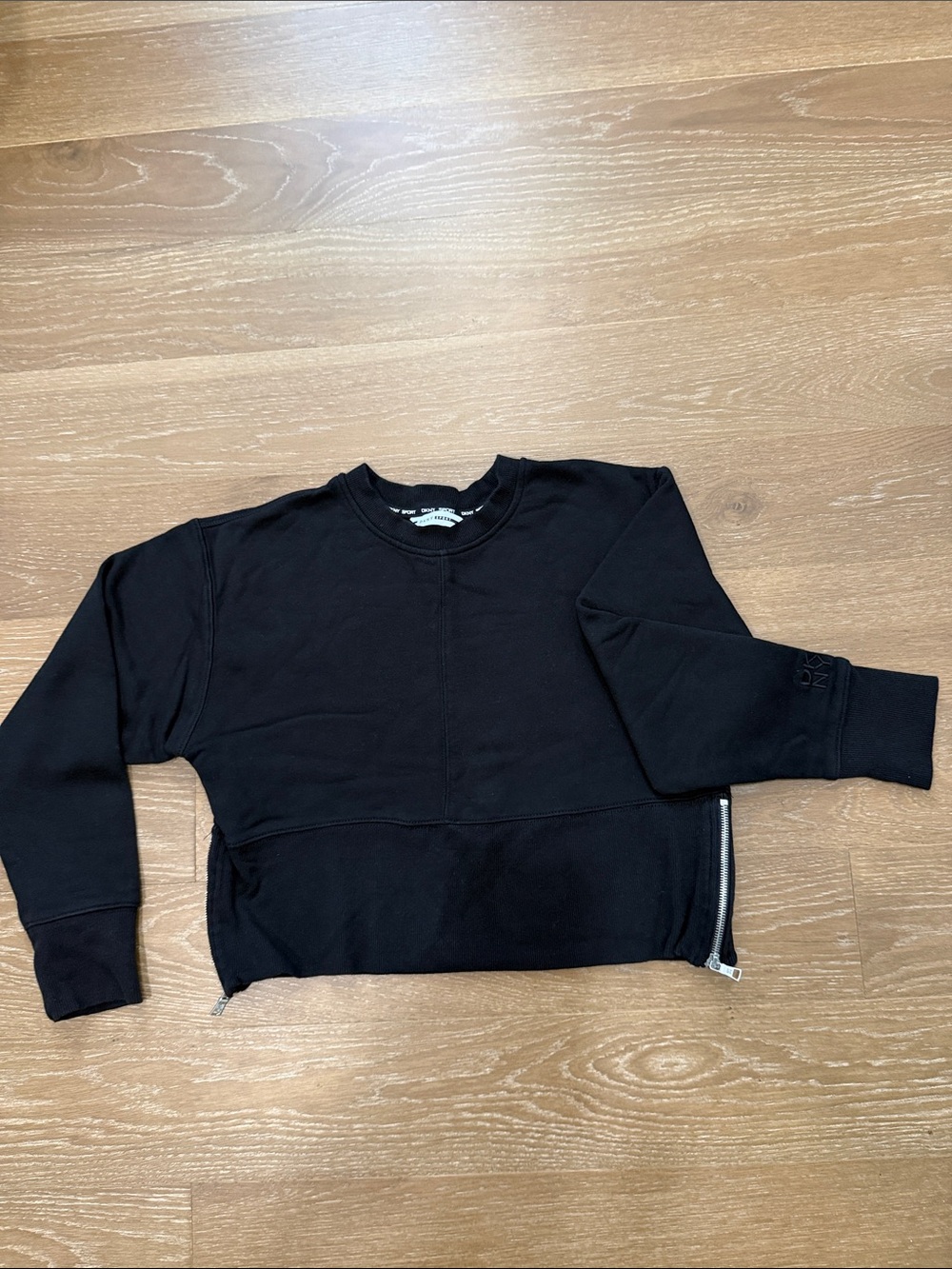 DKNY Black Crewneck Sweatshirt with Side Zipper Detail